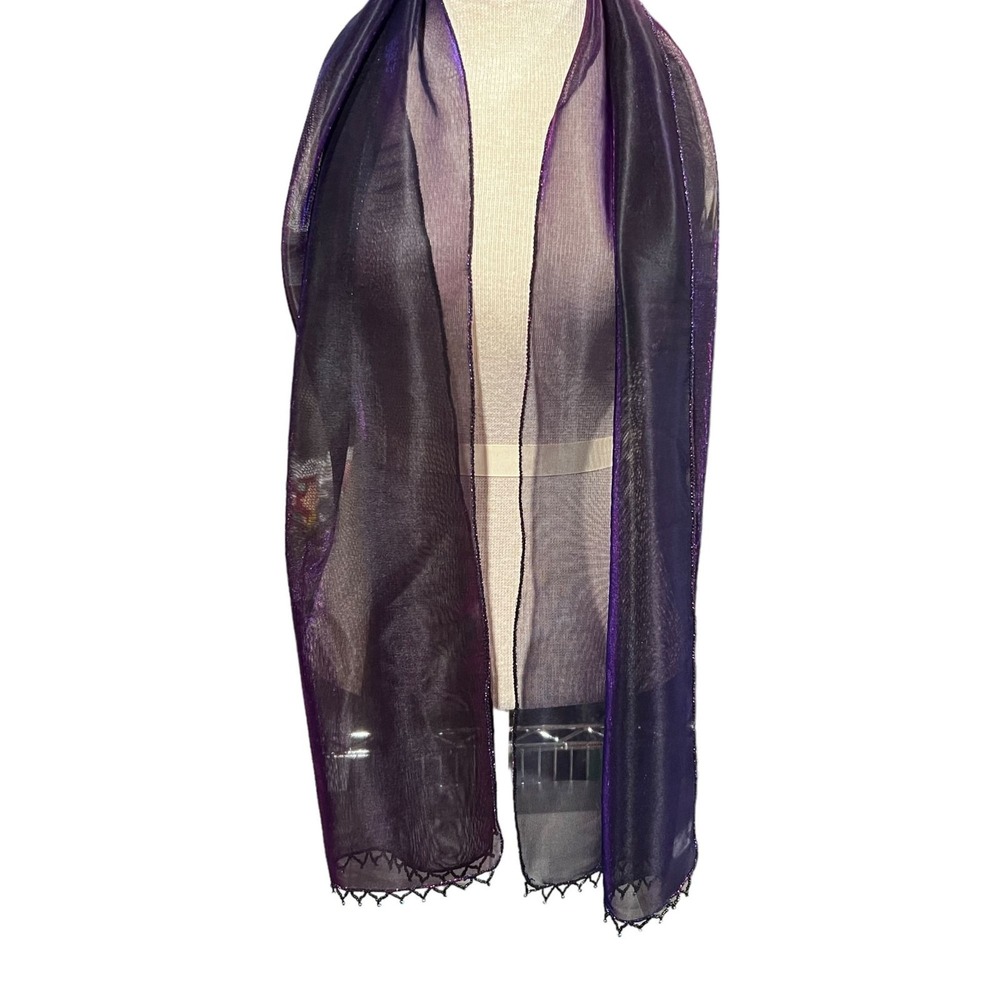 Chicos Purple Metallic Beaded Trim Shawl Wrap 14 x 64" Iridescent Pink and Blue - Picture 3 of 8